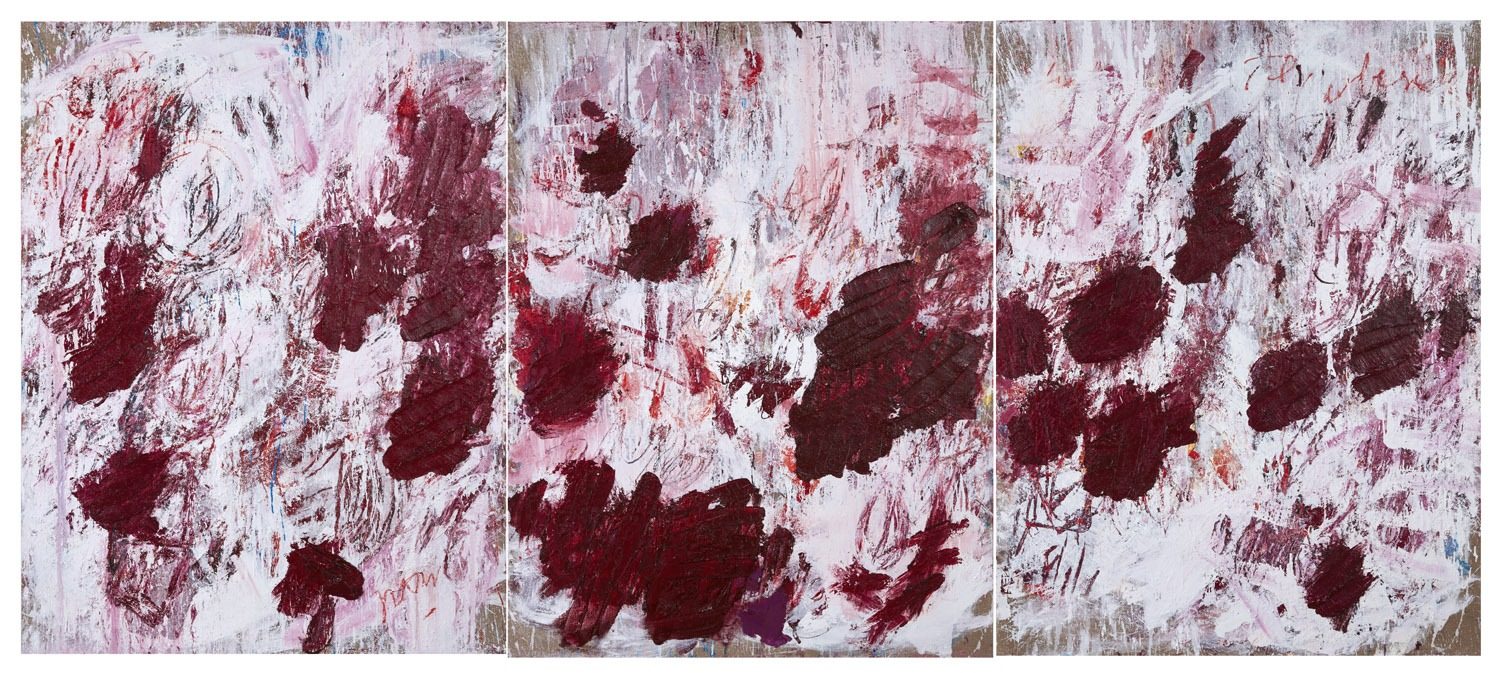 Aida Tomescu, Sewn on to stones in the sky 2019, triptych, Oil on Belgian linen, 200 x 460cm