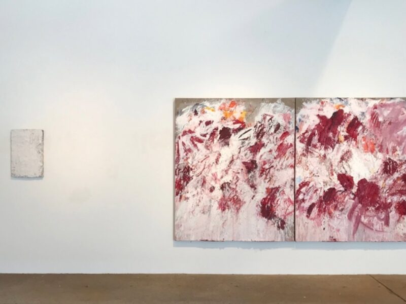 Aida Tomescu, Left: In a carpet made of water, 2017 oil and silver pigment on wood panel, 60 x40 cm. Right: Under the Iron of the Moon I, 2017 oil and silver pigment on canvas, 183 x 306 cm