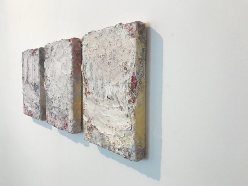 Aida Tomescu, Left: In a carpet made of water I, 2017 oil, silver pigment on Belgian linen, 36 x26 cm. Middle: In a carpet made of water II, 2017 oil, silver pigment on Belgian linen, 36 x26 cm. Right: In a carpet made of water II, 2017 oil, silver pigment on Belgian linen, 36 x26 cm