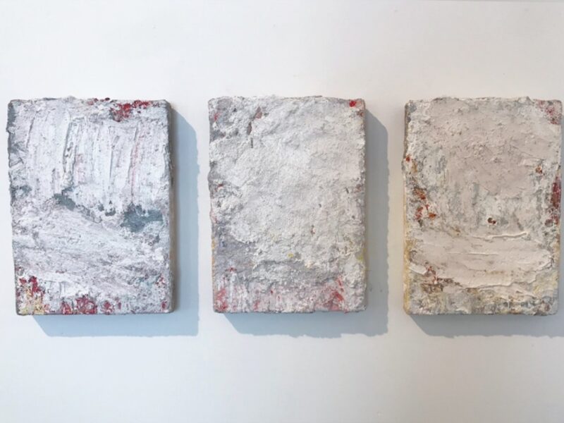 Aida Tomescu, Left: In a carpet made of water I, 2017 oil, silver pigment on Belgian linen, 36 x26 cm. Middle: In a carpet made of water II, 2017 oil, silver pigment on Belgian linen, 36 x26 cm. Right: In a carpet made of water III, 2017 oil, silver pigment on Belgian linen, 36 x 26 cm
